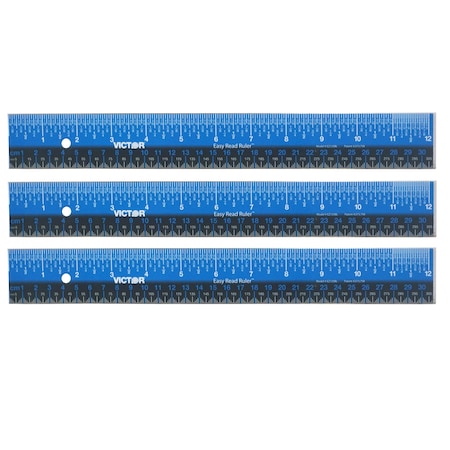 Victor Technology Easy Read Ruler, Stainless Steel, Blue/Black, 12'', 3PK EZ12SBL